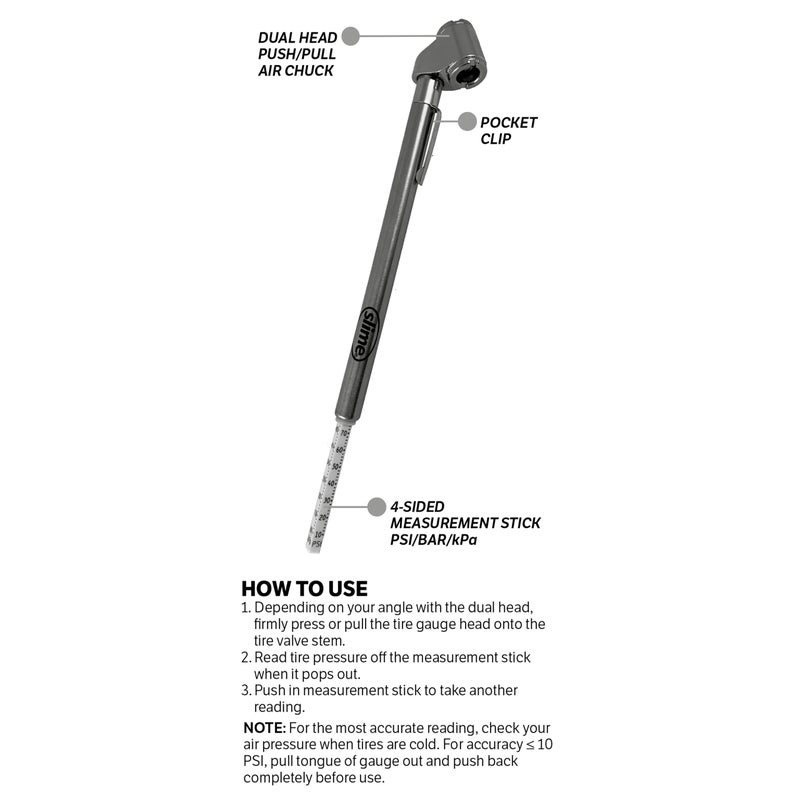 Slime 2016-A Tire Gauge, Dual Head, Pencil, 10-120 psi, includues Valve Extensions - Image 5